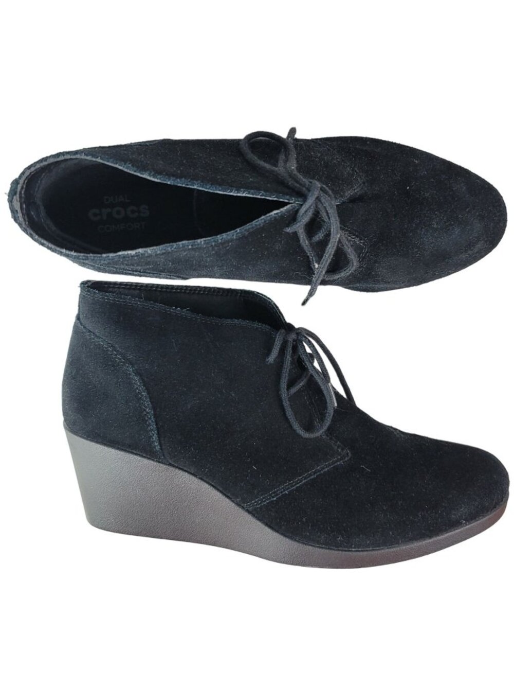 Crocs Womens Leigh Suede Ankle Boots Black Size 10 Lace Up Booties Wedge Comfort